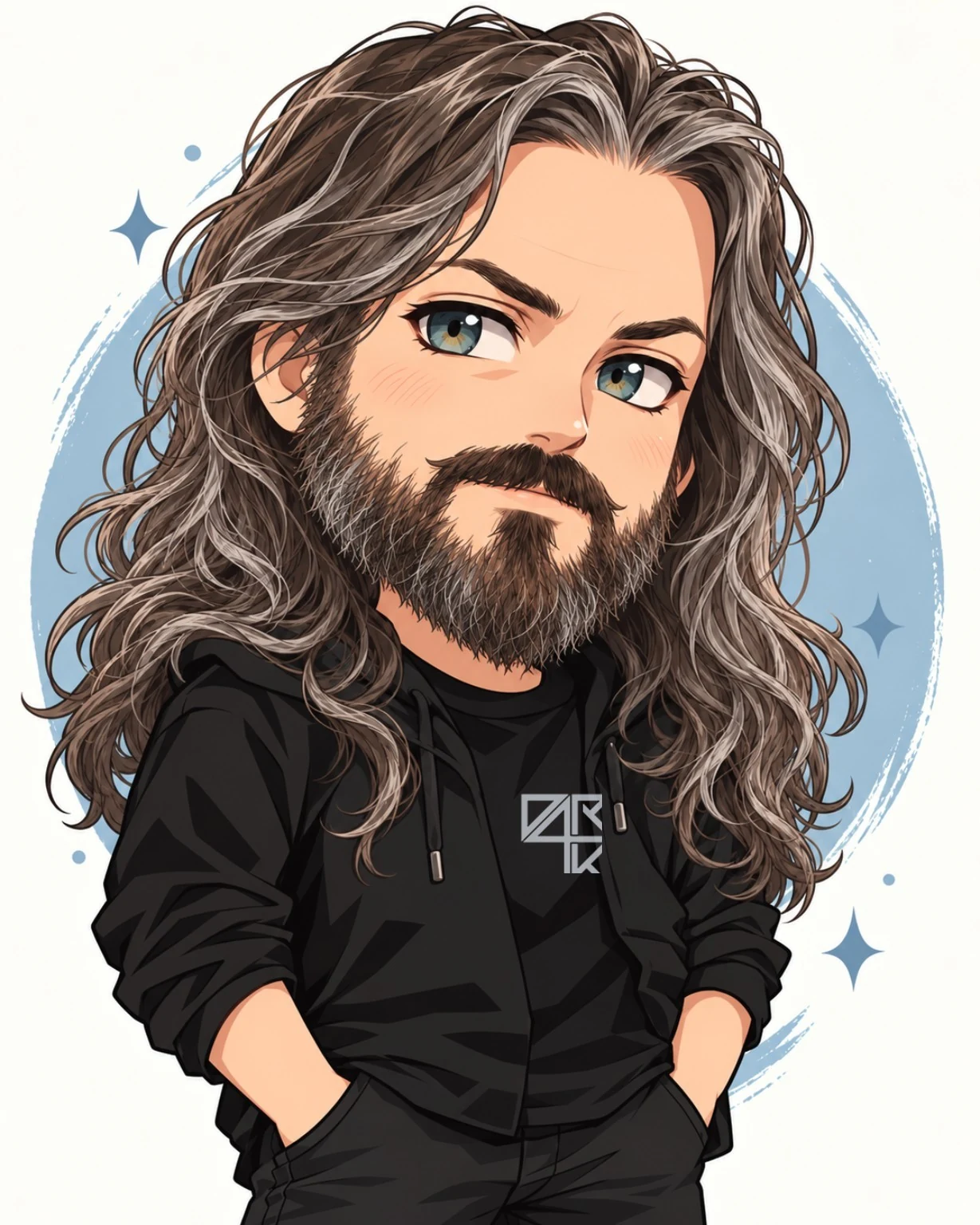 Illustrated portrait of nukem2000 with long hair and a beard