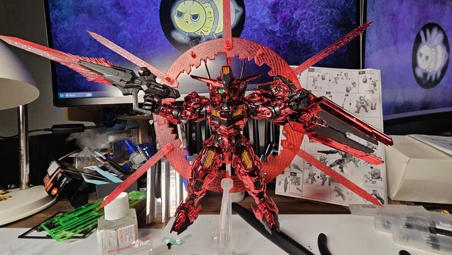 Red Aerial model kit on a workbench
